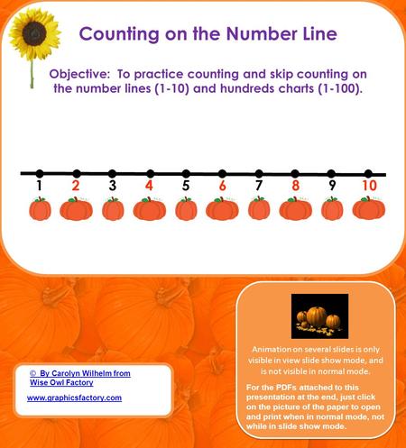 Counting on the Number Line Objective: To practice counting and skip counting on the number lines (1-10) and hundreds charts (1-100). www.graphicsfactory.com.