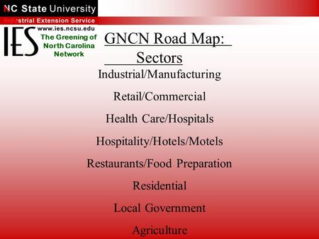 The Greening of North Carolina Network Industrial/Manufacturing Retail/Commercial Health Care/Hospitals Hospitality/Hotels/Motels Restaurants/Food Preparation.