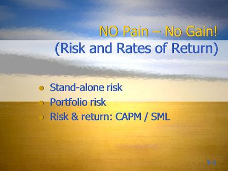 5-1 NO Pain – No Gain! (Risk and Rates of Return) Stand-alone risk Portfolio risk Risk & return: CAPM / SML Stand-alone risk Portfolio risk Risk & return: