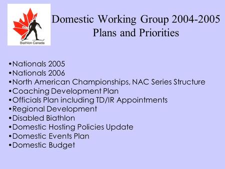 Domestic Working Group 2004-2005 Plans and Priorities Nationals 2005 Nationals 2006 North American Championships, NAC Series Structure Coaching Development.