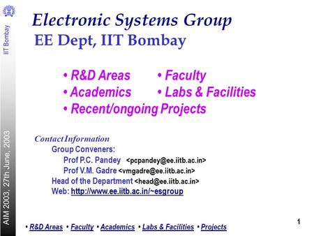 IIT Bombay AIM 2003, 27th June, 2003 R&D Areas Faculty Academics Labs & Facilities Projects R&D AreasFacultyAcademicsLabs & FacilitiesProjects 1 Electronic.