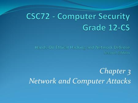 Chapter 3 Network and Computer Attacks. Objectives After reading this chapter and completing the exercises, you will be able to: Describe the different.