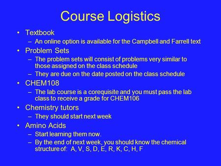 Course Logistics Textbook –An online option is available for the Campbell and Farrell text Problem Sets –The problem sets will consist of problems very.