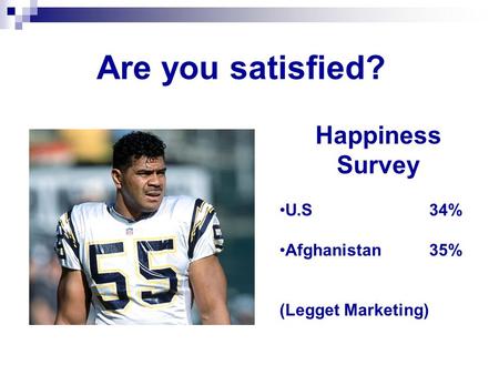 Are you satisfied? Happiness Survey U.S34% Afghanistan35% (Legget Marketing)