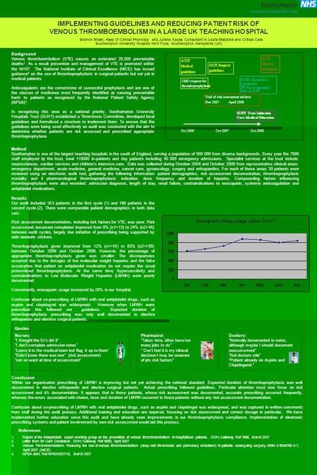 IMPLEMENTING GUIDELINES AND REDUCING PATIENT RISK OF VENOUS THROMBOEMBOLISM IN A LARGE UK TEACHING HOSPITAL Sharron Millen, Head of Clinical Pharmacy and.