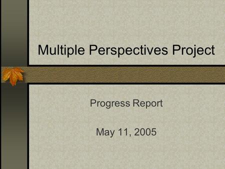 Multiple Perspectives Project Progress Report May 11, 2005.