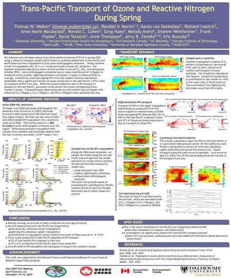 Trans-Pacific Transport of Ozone and Reactive Nitrogen During Spring Thomas W. Walker 1 Randall V. Martin 1,2, Aaron van Donkelaar.