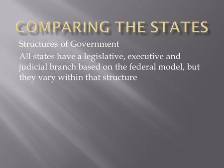 Structures of Government All states have a legislative, executive and judicial branch based on the federal model, but they vary within that structure.