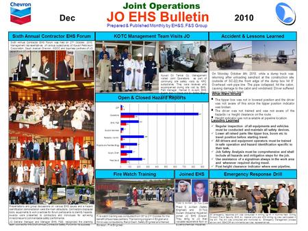 Joint Operations Prepared & Published Monthly by EH&S, F&S Group JO EHS Bulletin Dec 2010 Open & Closed Hazard Reports Accident & Lessons LearnedKOTC Management.