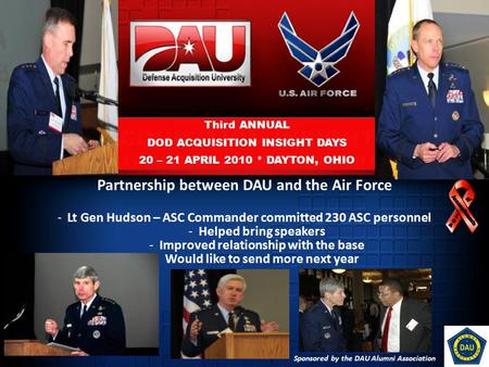 Partnership between DAU and the Air Force -Lt Gen Hudson – ASC Commander committed 230 ASC personnel - Helped bring speakers - Improved relationship with.