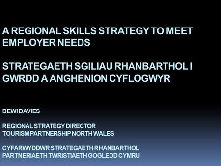 A REGIONAL SKILLS STRATEGY TO MEET EMPLOYER NEEDS STRATEGAETH SGILIAU RHANBARTHOL I GWRDD A ANGHENION CYFLOGWYR DEWI DAVIES REGIONAL STRATEGY DIRECTOR.