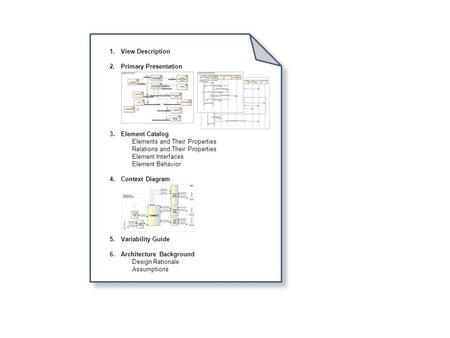 1.View Description 2.Primary Presentation 3.Element Catalog Elements and Their Properties Relations and Their Properties Element Interfaces Element Behavior.