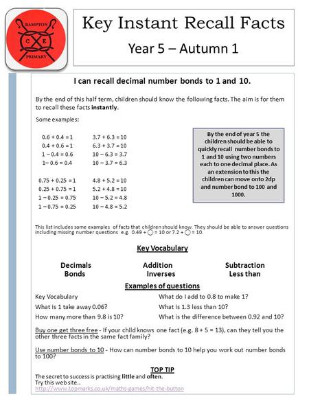 Key Instant Recall Facts By the end of this half term, children should know the following facts. The aim is for them to recall these facts instantly. Year.