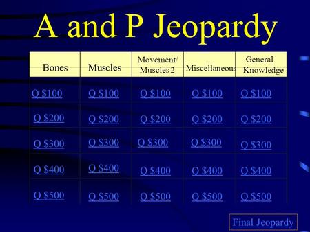 A and P Jeopardy BonesMuscles Movement/ Muscles 2 Miscellaneous General Knowledge Q $100 Q $200 Q $300 Q $400 Q $500 Q $100 Q $200 Q $300 Q $400 Q $500.