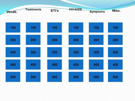 100 Vocab. Symptoms Treatments STI’s HIV/AIDS Misc. 100 200 300 400 500 400 300 200 100 200 300 400 500.