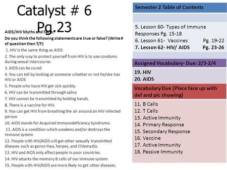 Catalyst # 6 Pg.23 AIDS/HIV Myths and Facts: Do you think the following statements are true or false? (Write # of question then T/F) 1. HIV is the same.