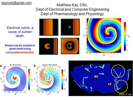 LV RV Matthew Kay, DSc. Dept of Electrical and Computer Engineering Dept of Pharmacology and Physiology Electrical rotors: a cause of sudden death. Rotors.