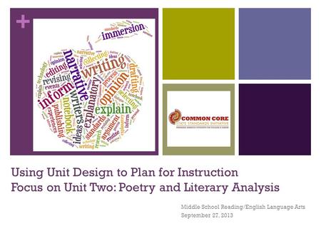 + Using Unit Design to Plan for Instruction Focus on Unit Two: Poetry and Literary Analysis Middle School Reading/English Language Arts September 27, 2013.