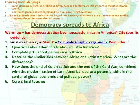 Democracy spreads to Africa Enduring Understandings 1.Long-standing cultural and religious differences and conflicts are still evident in the post-colonial.