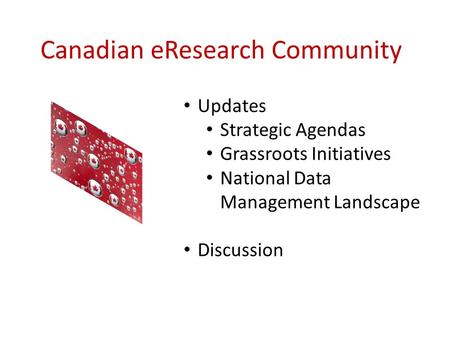 Canadian eResearch Community Updates Strategic Agendas Grassroots Initiatives National Data Management Landscape Discussion.