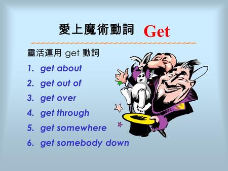 愛上魔術動詞 靈活運用 get 動詞 1.get about 2.get out of 3.get over 4.get through 5.get somewhere 6.get somebody down Get.