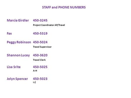 STAFF and PHONE NUMBERS Marcia Girdler450-3245 Project Coordinator AP/Travel Fax 450-5319 Peggy Robinson 450-5024 Travel Supervisor Shannon Lucey450-3620.