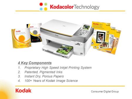 Consumer Digital Group 4 Key Components 1.Proprietary High Speed Inkjet Printing System 2.Patented, Pigmented Inks 3.Instant Dry, Porous Papers 4.100+