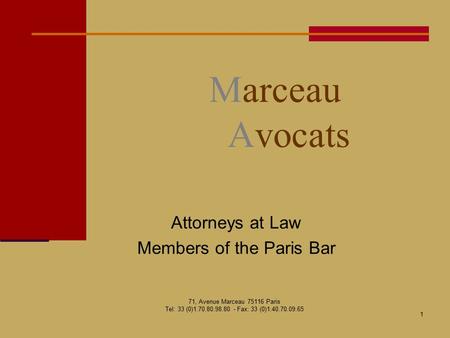 1 Marceau Avocats Attorneys at Law Members of the Paris Bar 71, Avenue Marceau 75116 Paris Tel: 33 (0)1.70.80.98.80 - Fax: 33 (0)1.40.70.09.65.