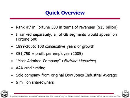 Proprietary material for authorized CWA use only. This material may not be reproduced, distributed, or used without permission from CWA. Quick Overview.