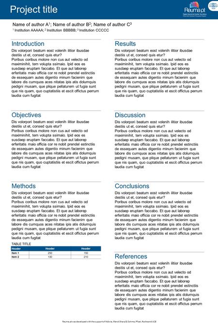 Reuma.pt was developed with the support of Abbvie, Merck Sharp & Dohme, Pfizer, Roche and UCB Project title Name of author A 1 ; Name of author B 2 ; Name.
