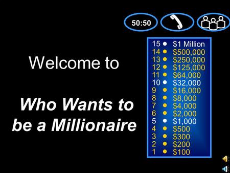 15 14 13 12 11 10 9 8 7 6 5 4 3 2 1 $1 Million $500,000 $250,000 $125,000 $64,000 $32,000 $16,000 $8,000 $4,000 $2,000 $1,000 $500 $300 $200 $100 Welcome.