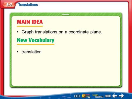 Main Idea/Vocabulary translation Graph translations on a coordinate plane.