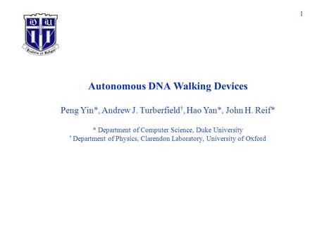 Autonomous DNA Walking Devices Peng Yin*, Andrew J. Turberfield †, Hao Yan*, John H. Reif* * Department of Computer Science, Duke University † Department.