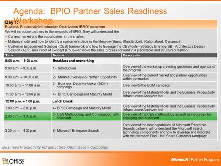 Business Productivity Infrastructure Optimization Campaign 1 Day 1: Business Productivity Infrastructure Optimization (BPIO) campaign We will introduce.