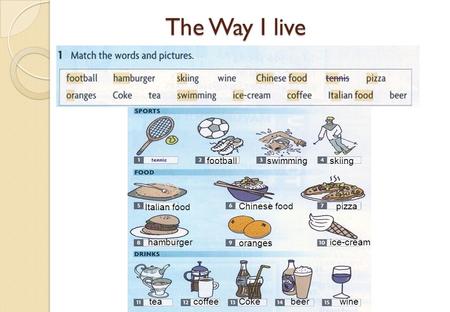 The Way I live footballswimmingskiing Italian food Chinese foodpizza hamburger oranges ice-cream teacoffeeCokebeerwine.