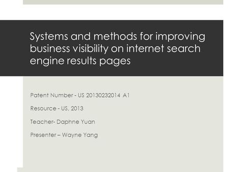 Systems and methods for improving business visibility on internet search engine results pages Patent Number - US 20130232014 A1 Resource - US, 2013 Teacher-