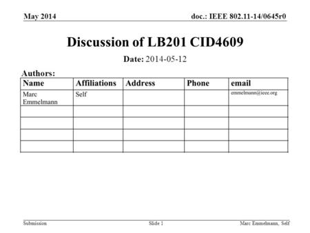 Doc.: IEEE 802.11-14/0645r0 Submission May 2014 Marc Emmelmann, SelfSlide 1 Discussion of LB201 CID4609 Date: 2014-05-12 Authors: