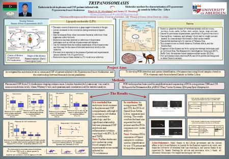 TRYPANOSOMIASIS Endotoxin levels in plasmas and CSF patients infected with Trypanosoma brucei rhodesiense Molecular markers for characterization of Trypanosomes.