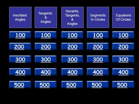 100 200 300 400 500 Inscribed Angles Tangents & Angles Secants, Tangents, & Angles Segments In Circles Equations Of Circles.