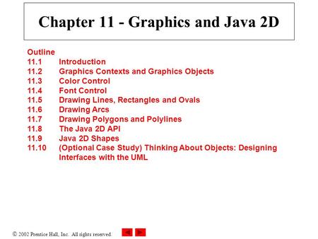  2002 Prentice Hall, Inc. All rights reserved. Chapter 11 - Graphics and Java 2D Outline 11.1 Introduction 11.2 Graphics Contexts and Graphics Objects.