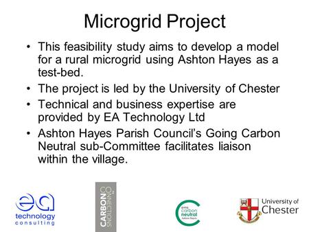 Microgrid Project This feasibility study aims to develop a model for a rural microgrid using Ashton Hayes as a test-bed. The project is led by the University.