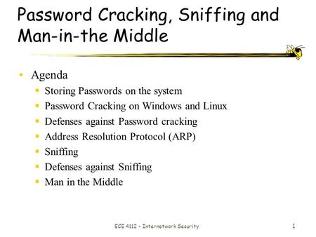 ECE 4112 - Internetwork Security 1 Password Cracking, Sniffing and Man-in-the Middle Agenda  Storing Passwords on the system  Password Cracking on Windows.