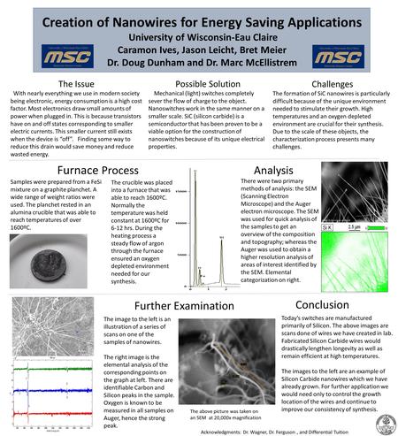 Creation of Nanowires for Energy Saving Applications University of Wisconsin-Eau Claire Caramon Ives, Jason Leicht, Bret Meier Dr. Doug Dunham and Dr.