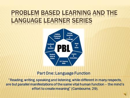 Part One: Language Function “Reading, writing, speaking and listening, while different in many respects, are but parallel manifestations of the same vital.