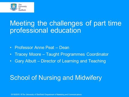 Meeting the challenges of part time professional education Professor Anne Peat – Dean Tracey Moore – Taught Programmes Coordinator Gary Albutt – Director.