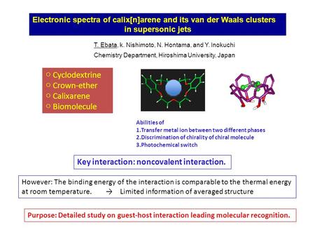 Electronic spectra of calix[n]arene and its van der Waals clusters in supersonic jets T. Ebata, k. Nishimoto, N. Hontama, and Y. Inokuchi Chemistry Department,