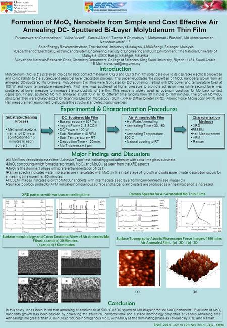 In this study, it has been found that annealing at ambient air at 500 ˚C of DC sputtered Mo bilayer produce MoO x nanobelts. Evolution of MoO x nanobelts.