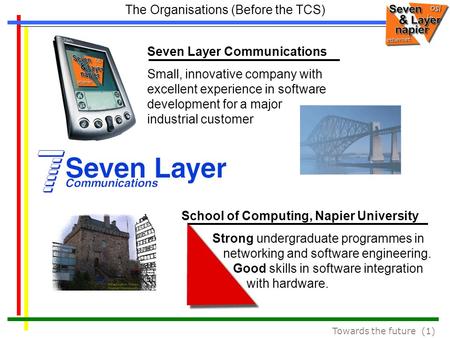 Towards the future (1) The Organisations (Before the TCS) Seven Layer Communications Small, innovative company with excellent experience in software development.