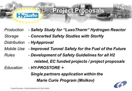 Project Proposals – HySafe September 29, 2004, Madrid Project Proposals Production - Safety Study for “LuxoTherm” Hydrogen Reactor Storage- Concerted Safety.