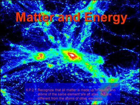 Matter and Energy 6.P.2.1 Recognize that all matter is made up of atoms and atoms of the same element are all alike, but are different from the atoms of.